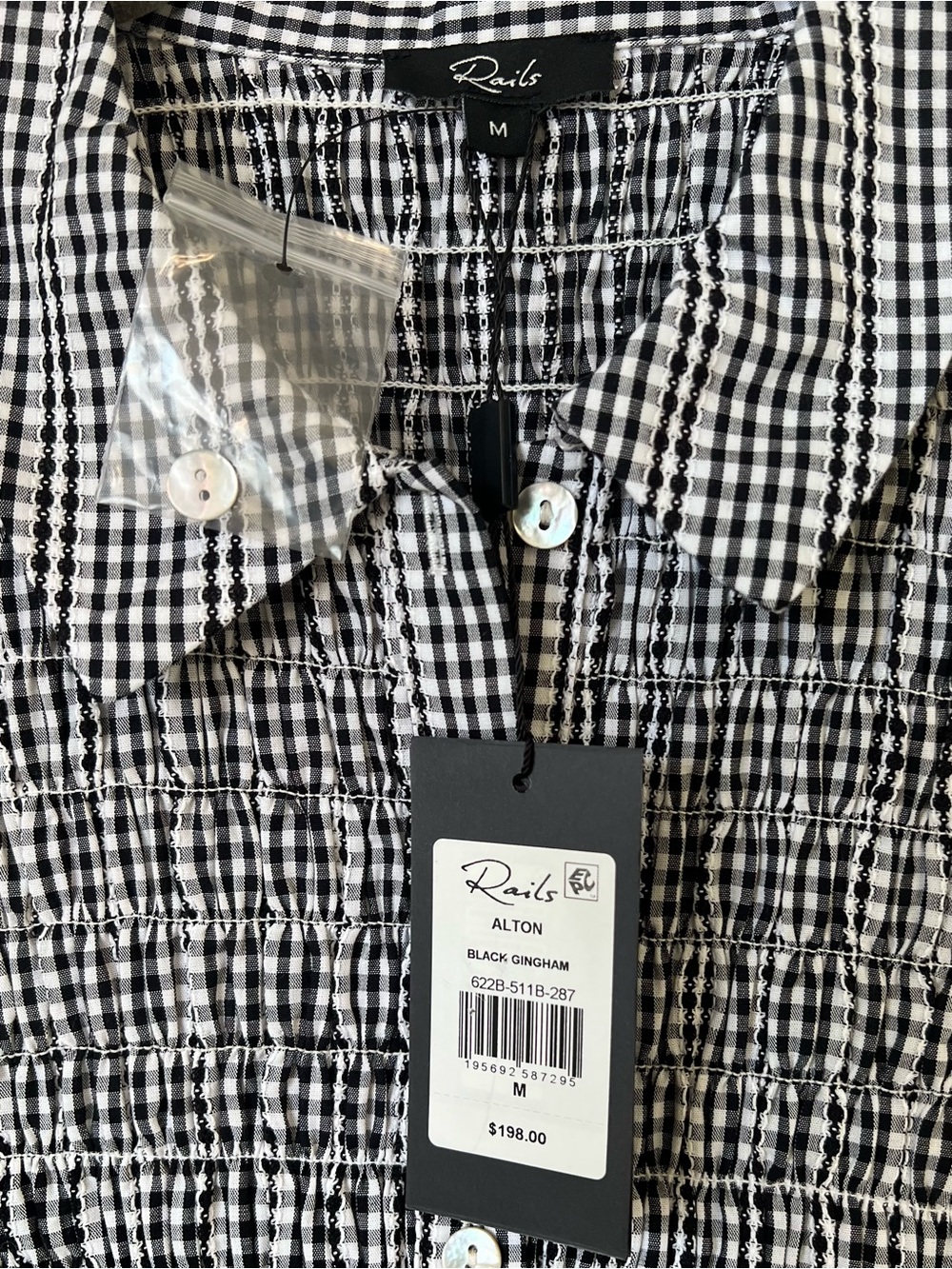 Rails Alton Black Gingham Smocked Cotton Cropped Button Down Shirt NWT M - Picture 2 of 5